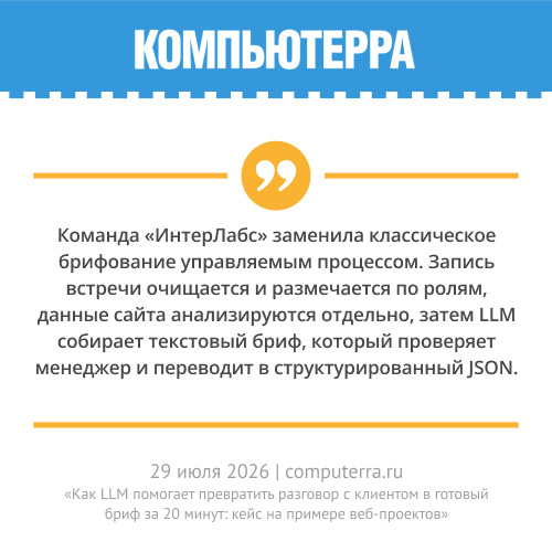 На страницах «Компьютерры» вышла наша статья о том, как мы используем LLM: разговор с клиентом превращается в полноценный проектный бриф всего за 20–30 минут.